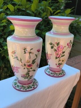 Laura Ashley Pink and White Floral Ceramic Vase Pair with Green Accents
